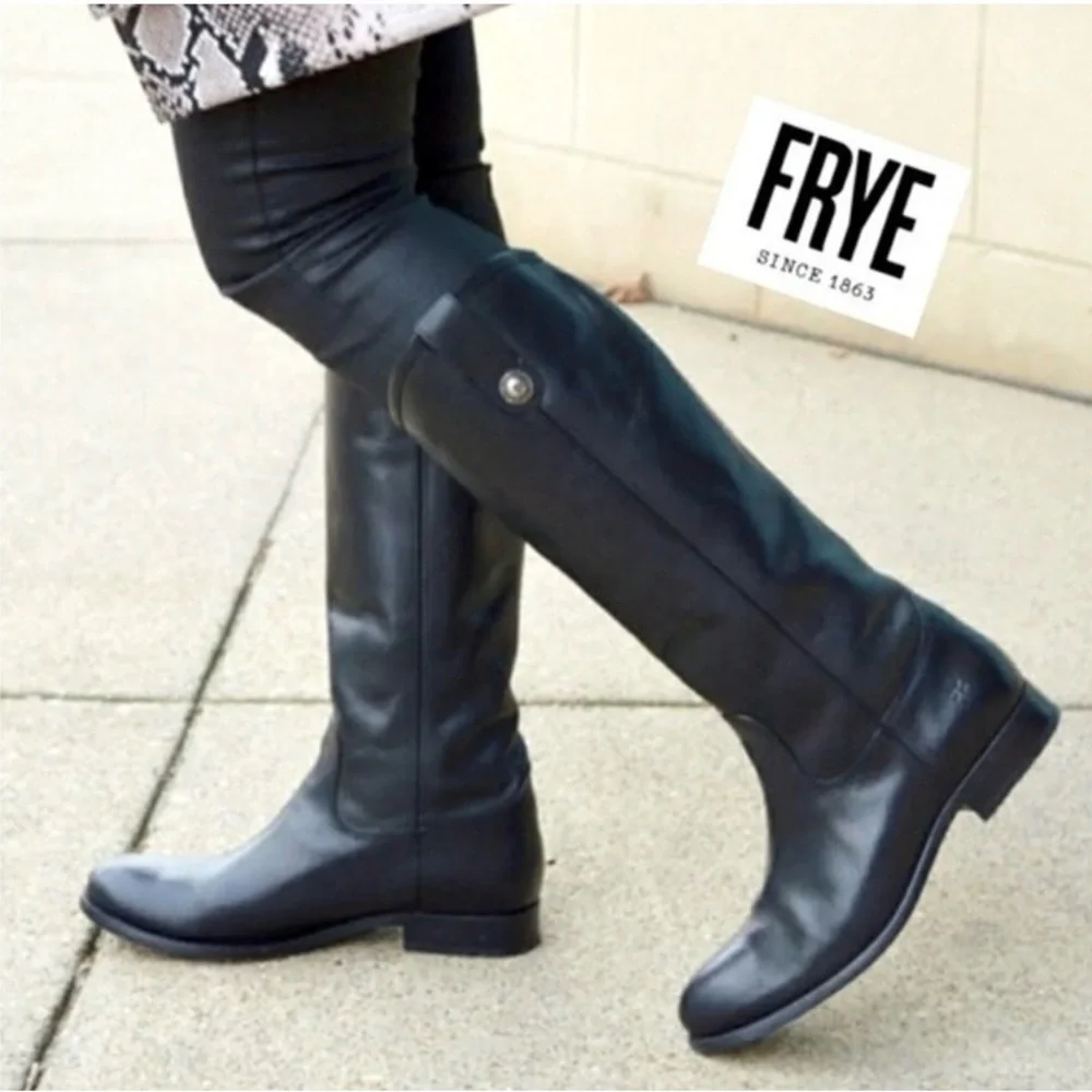Frye Melissa Size 7.5 Black Knee High Leather Riding Boots Excellent Condition